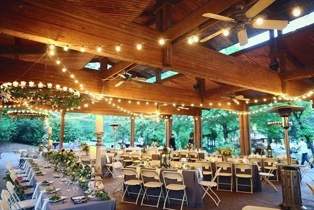 Outdoor pavilion at Aldridge Gardens in Hoover, Alabama, a scenic venue for outdoor weddings and events catered by Tre Luna Catering.