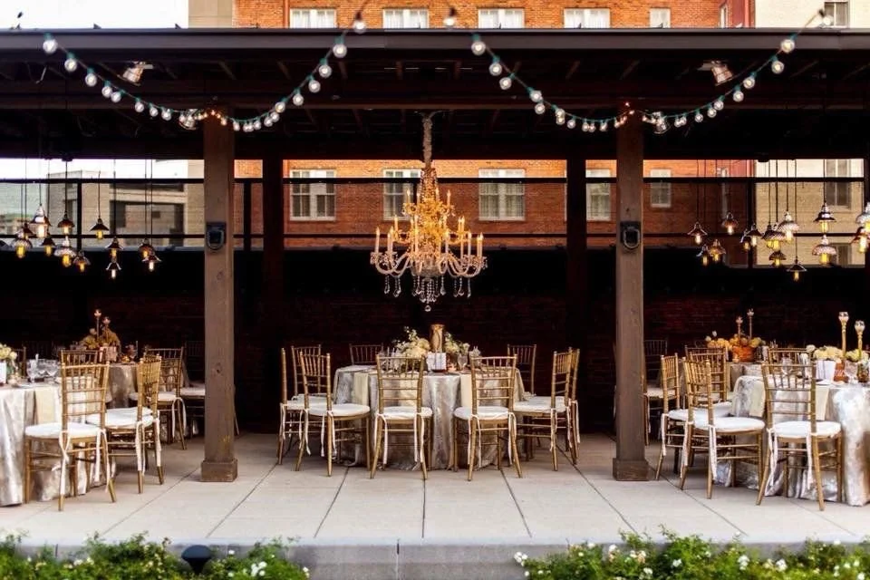 Open air rooftop terrace at Alley Station in downtown Montgomery, Alabama featuring city views, event space, and a modern urban setting for weddings and special events.