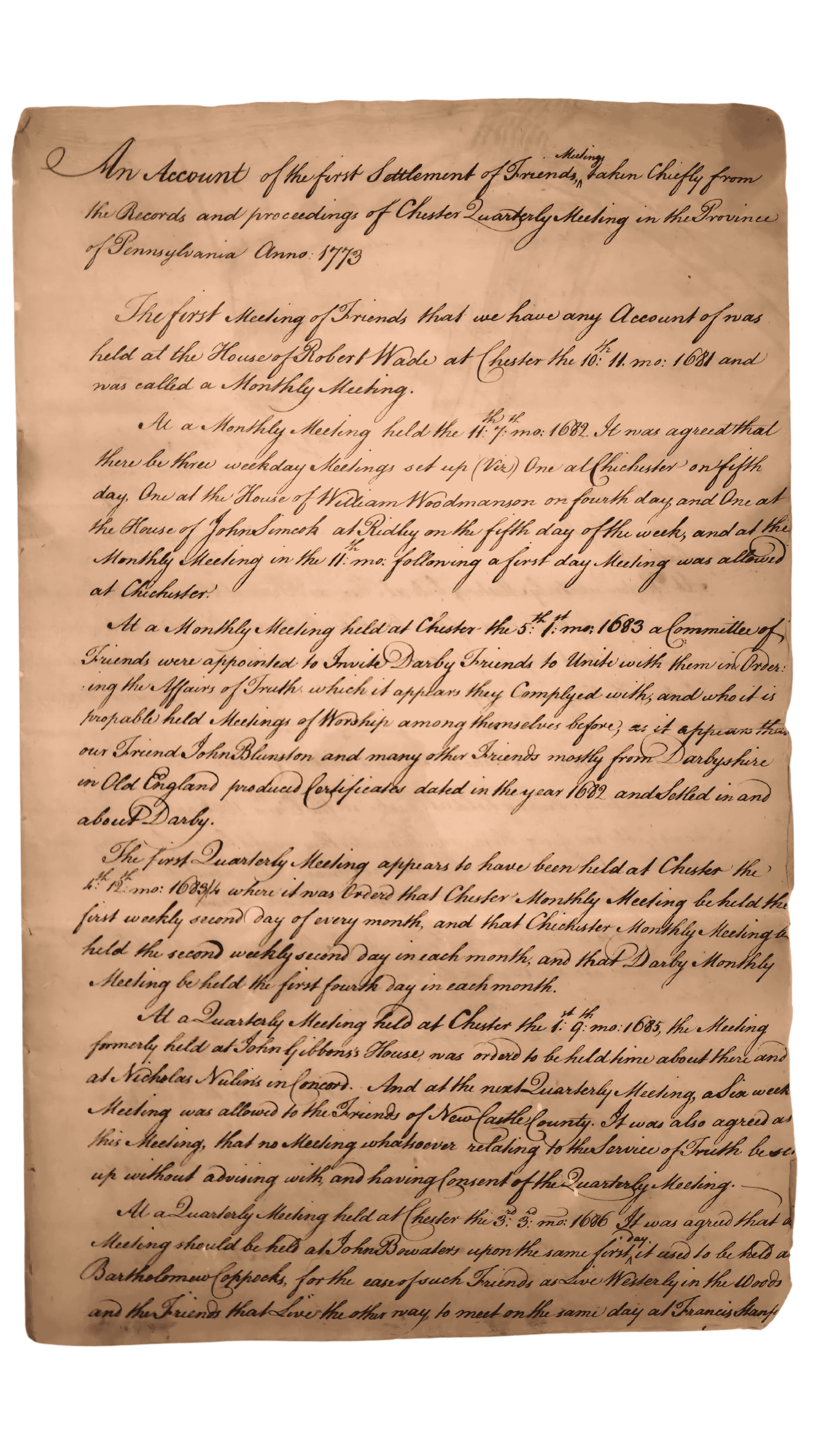 An Account of the first Settlement of Friends [Meeting] taken Chiefly from&nbsp;&nbsp;the Records and proceedings of Chester Quarterly Meeting in the Province of&nbsp;Pennsylvania