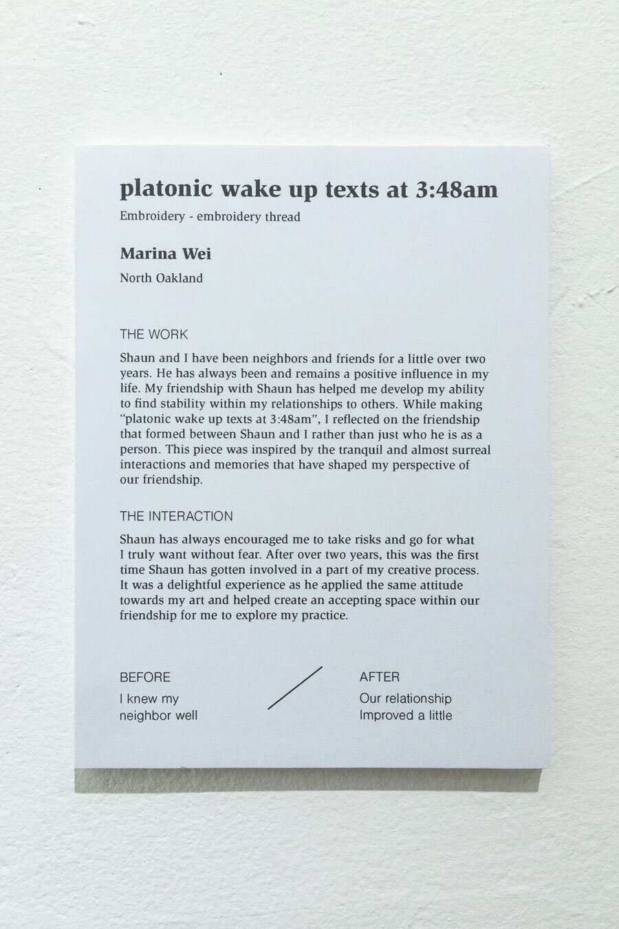Wall label text for platonic wake up texts at 3:48am