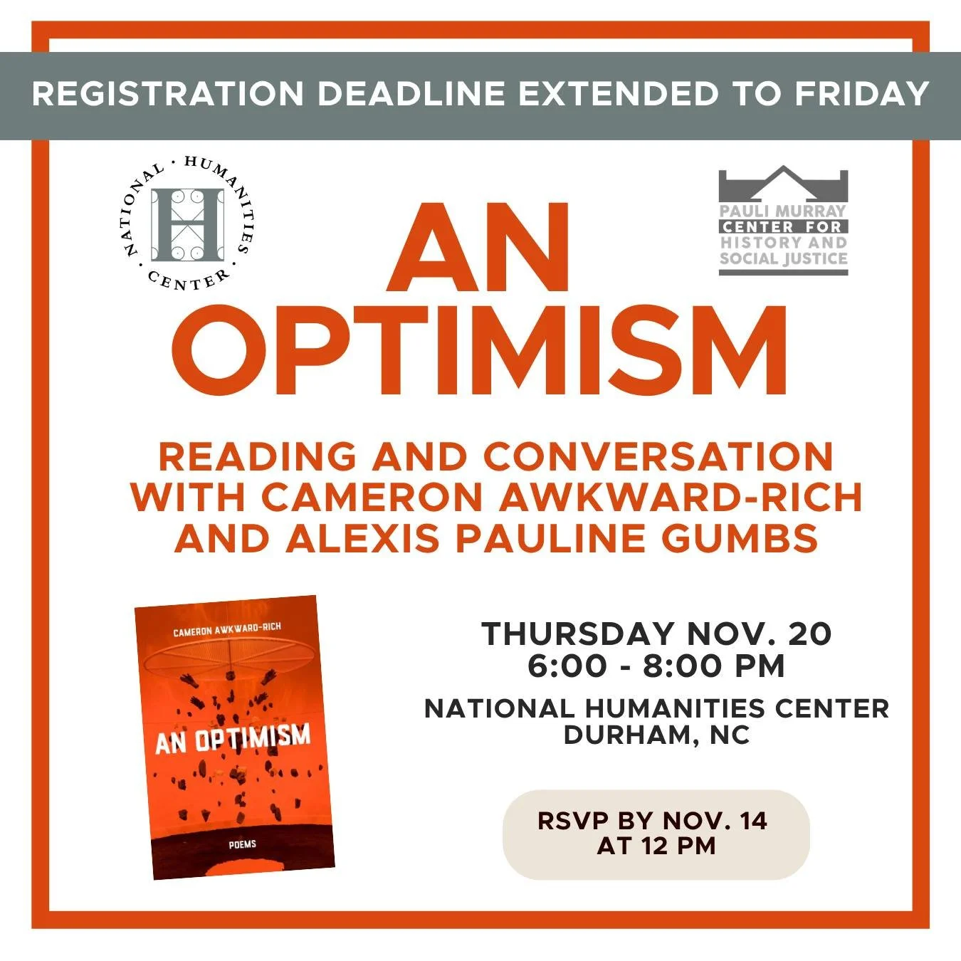 Have you RSVP'd to join poet and scholar Cameron Awkward-Rich, PhD in conversation with author and scholar Alexis Pauline Gumbs, PhD this November?

Awkward-Rich will read from his new volume of poetry An Optimism (Persea Books, October 2025), an exp