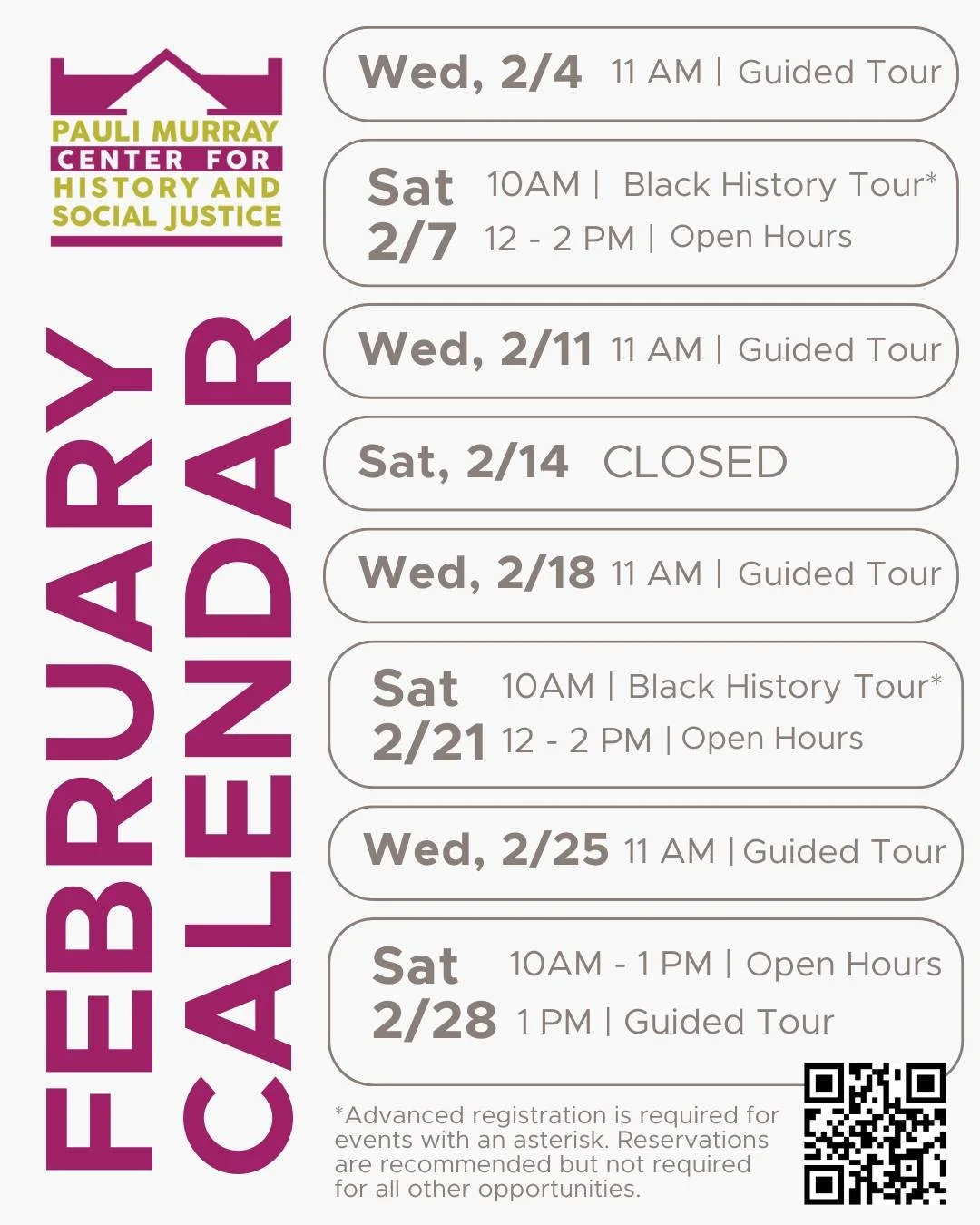 There's still time to visit us this Black History Month! We'd love to welcome you to Pauli Murray's childhood home. 
Reservations are recommended but not required for all opportunities without an asterisk. Visit tinyurl.com/pmctours for more info.