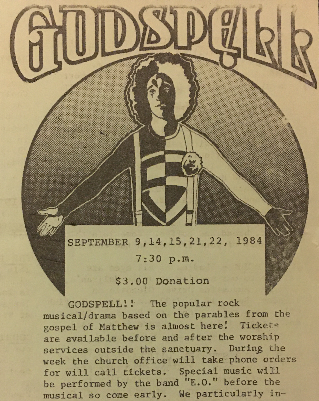 Notice for Godspell, 1984 newsletter