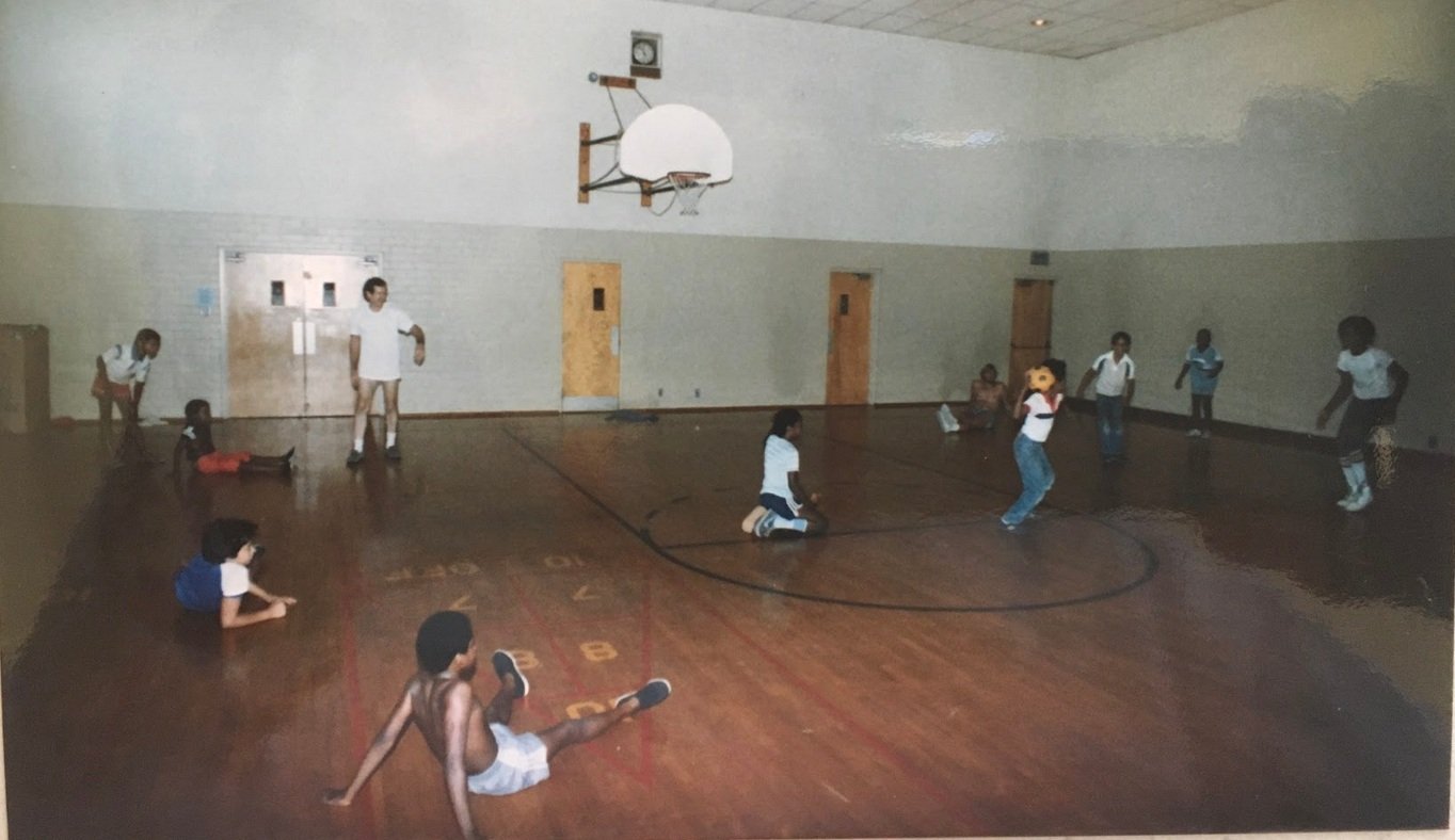 Kids Club, dodgeball in the gym, ~1986