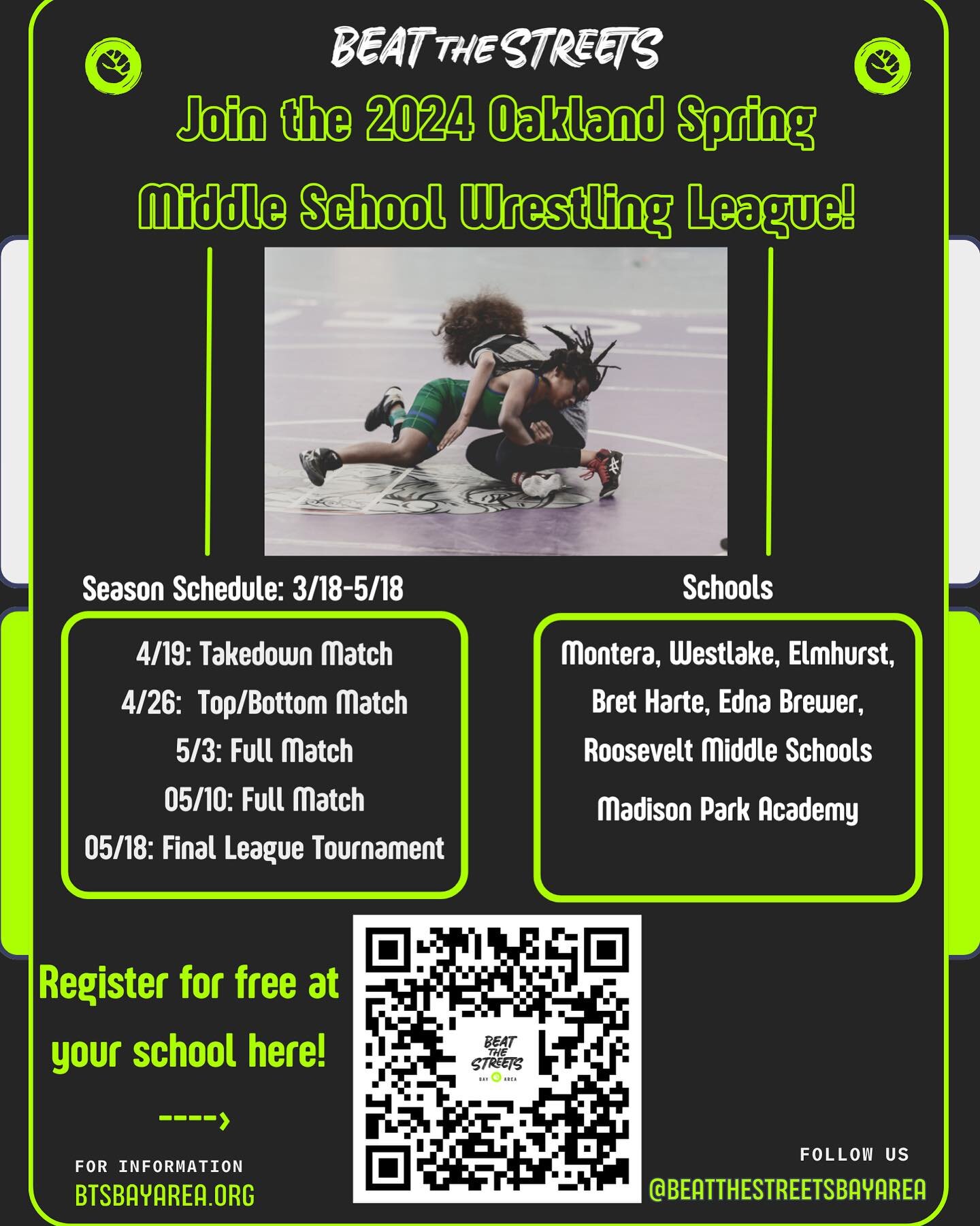 10 days out from our opening of our Oakland Spring Season beginning on March 18th! Share with a student you know to sign up for our 10 week program if they attend any of these middle schools:

✨Montera 
✨Westlake 
✨Elmhurst
✨Bret Harte
✨Edna Brewer
✨