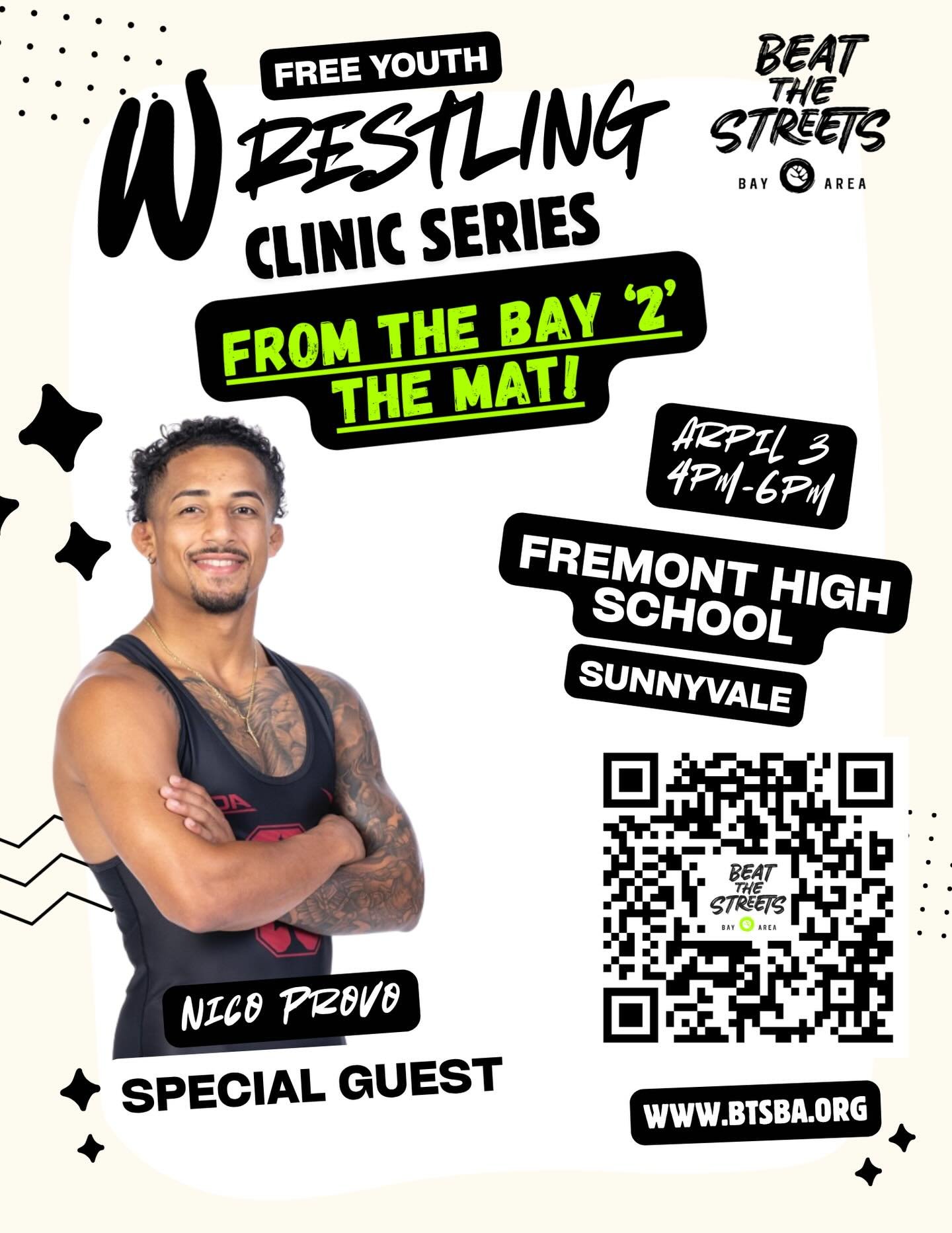 Next Stop: Fremont High School! Join us this Friday for the next clinic in our Free Clinic Series: From the Bay to the Mat! 

🤼&zwj;♀️ Train with one of Stanford&rsquo;s top Division I athletes and All-American, Nico Provo, as he shares world-class 