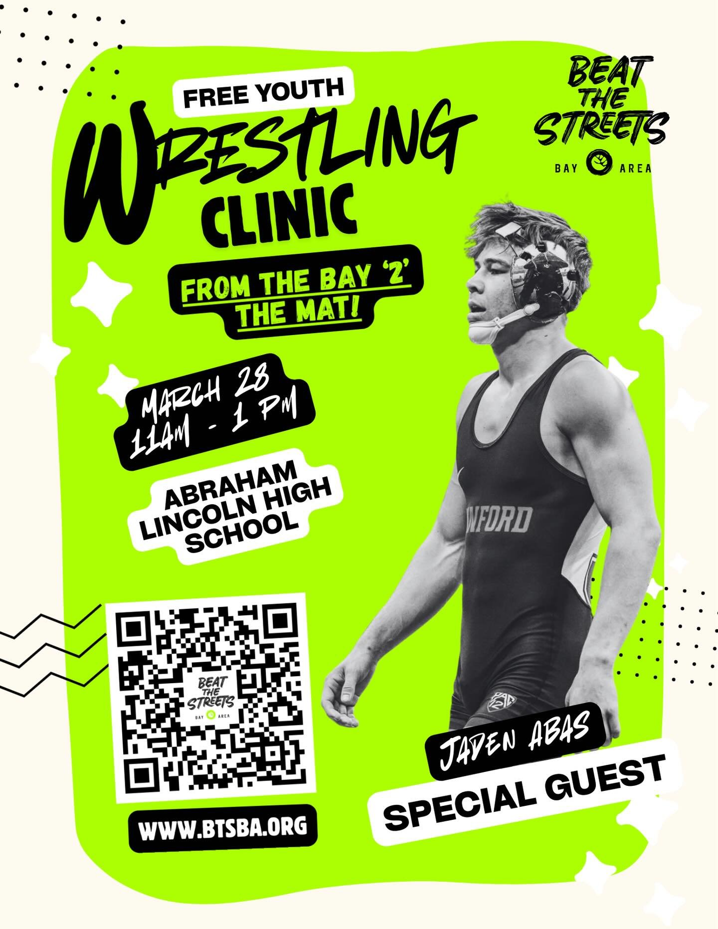 Join us on March 28th at Abraham Lincoln High School for the first stop in our spring From the Bay to the Mat series! 🤼&zwj;♀️

Learn the fundamentals of defense with D1 All-American Jaden Abas in a fun, welcoming environment for athletes ages 5&nda