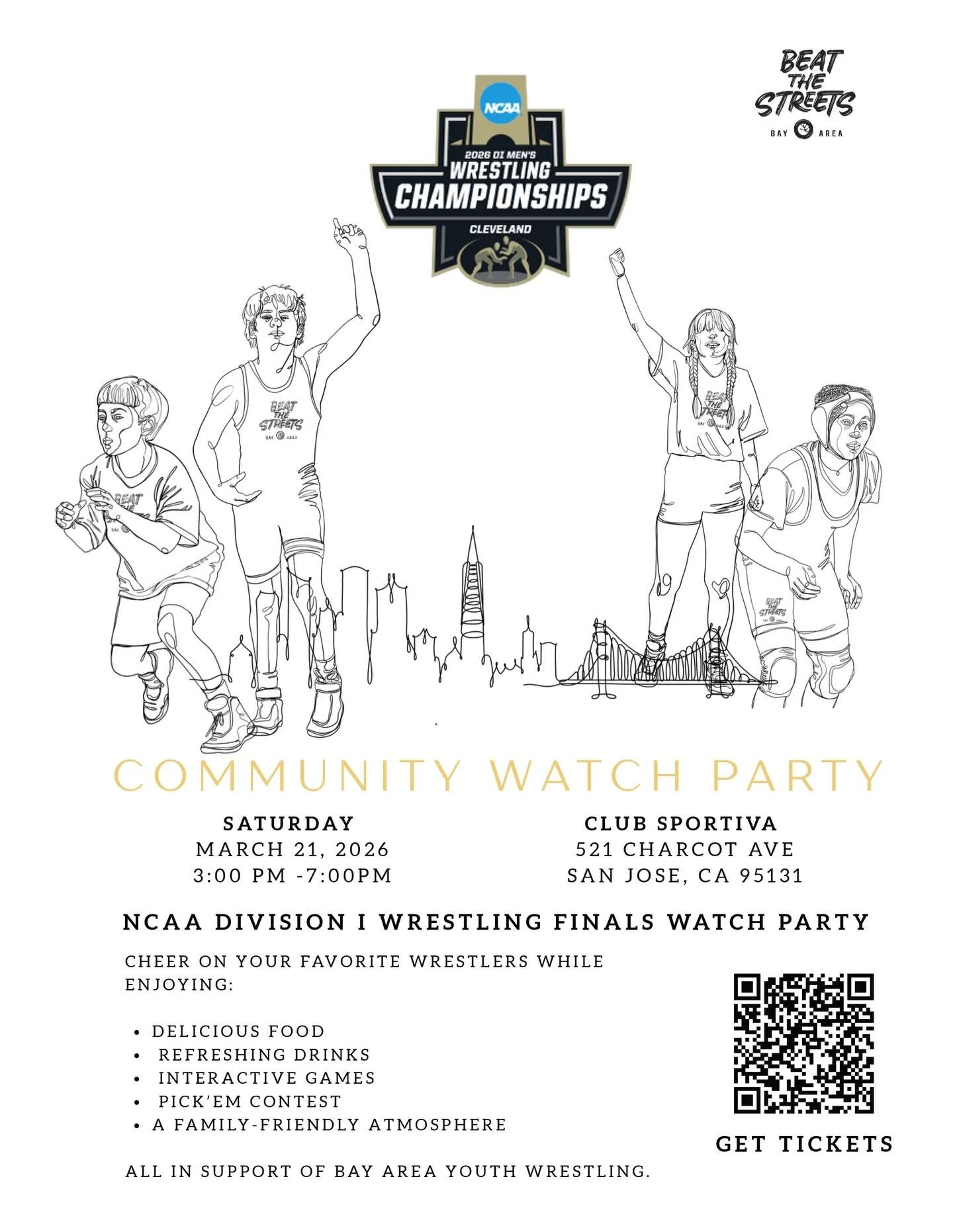 It&rsquo;s almost here&mdash;our Beat the Streets Bay Area NCAA D1 Men&rsquo;s Wrestling Finals Watch Party is just 4 days away!
Join us this Saturday, March 21, to celebrate the NCAA Wrestling Finals with the Bay Area wrestling community. 

We&rsquo