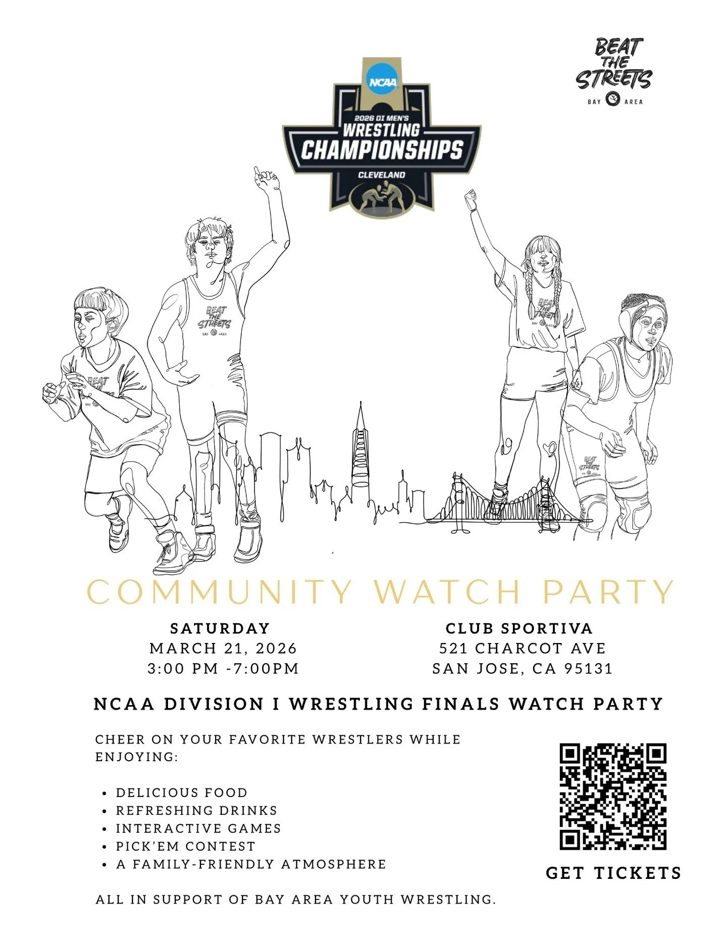 Come watch the NCAA D1 Men&rsquo;s Wrestling Finals at Beat the Streets Bay Area&rsquo;s Community Watch Party!

Join us on Saturday, March 21st at Club Sportiva. Catch the action live on the big screen while enjoying great food and drinks, fun activ