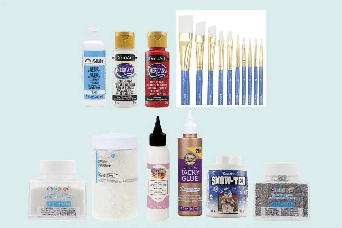 acrylic paint, paintbrushes, glitter, glitter adhesive, textured snow, silver glitter craft supplies