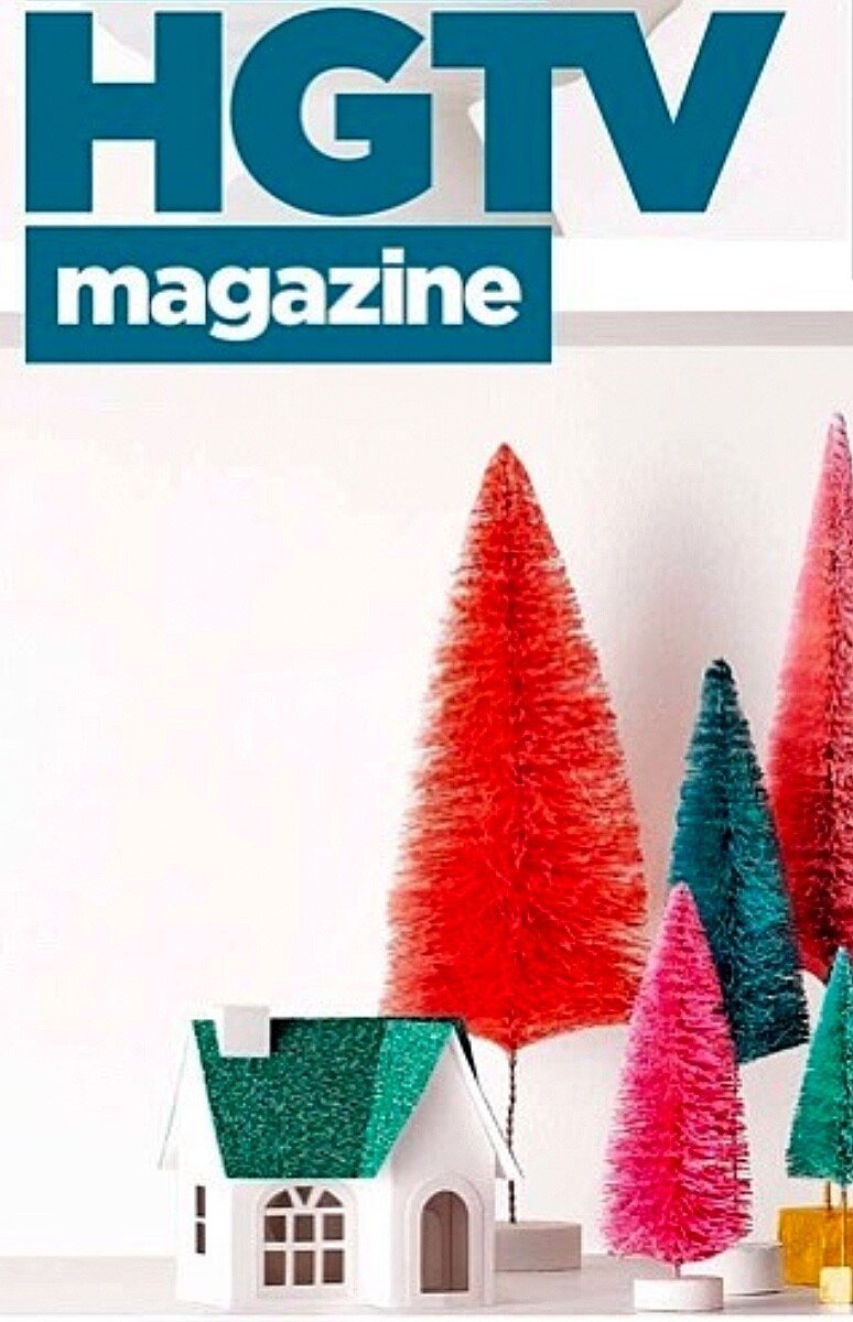 HGTV magazine cover of Victorian putz house with green glittered roof and bright colored bottle brush trees