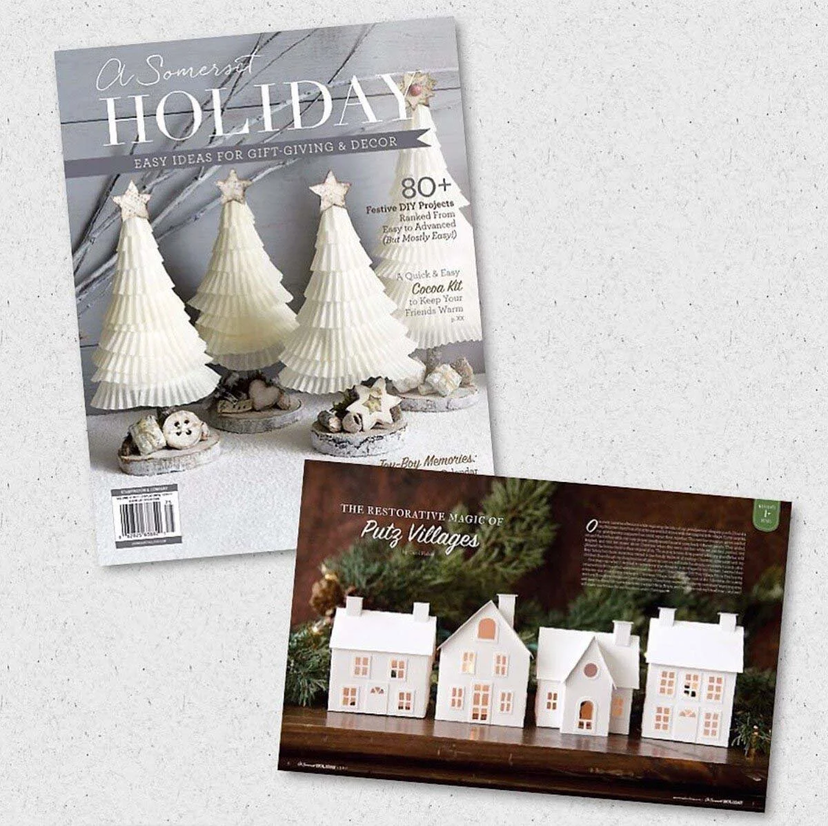 Holiday edition of Somerset magazine cover and inside story featuring a white putz village on a dark table.