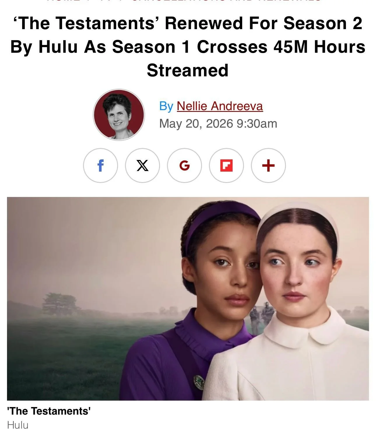 Season 2!! 

Just announced on Deadline; The Testaments is renewed for season 2! Congrats to our own Eva Foote and Kira Guloien, both series regulars, we can&rsquo;t wait to watch your stories continue through season two!