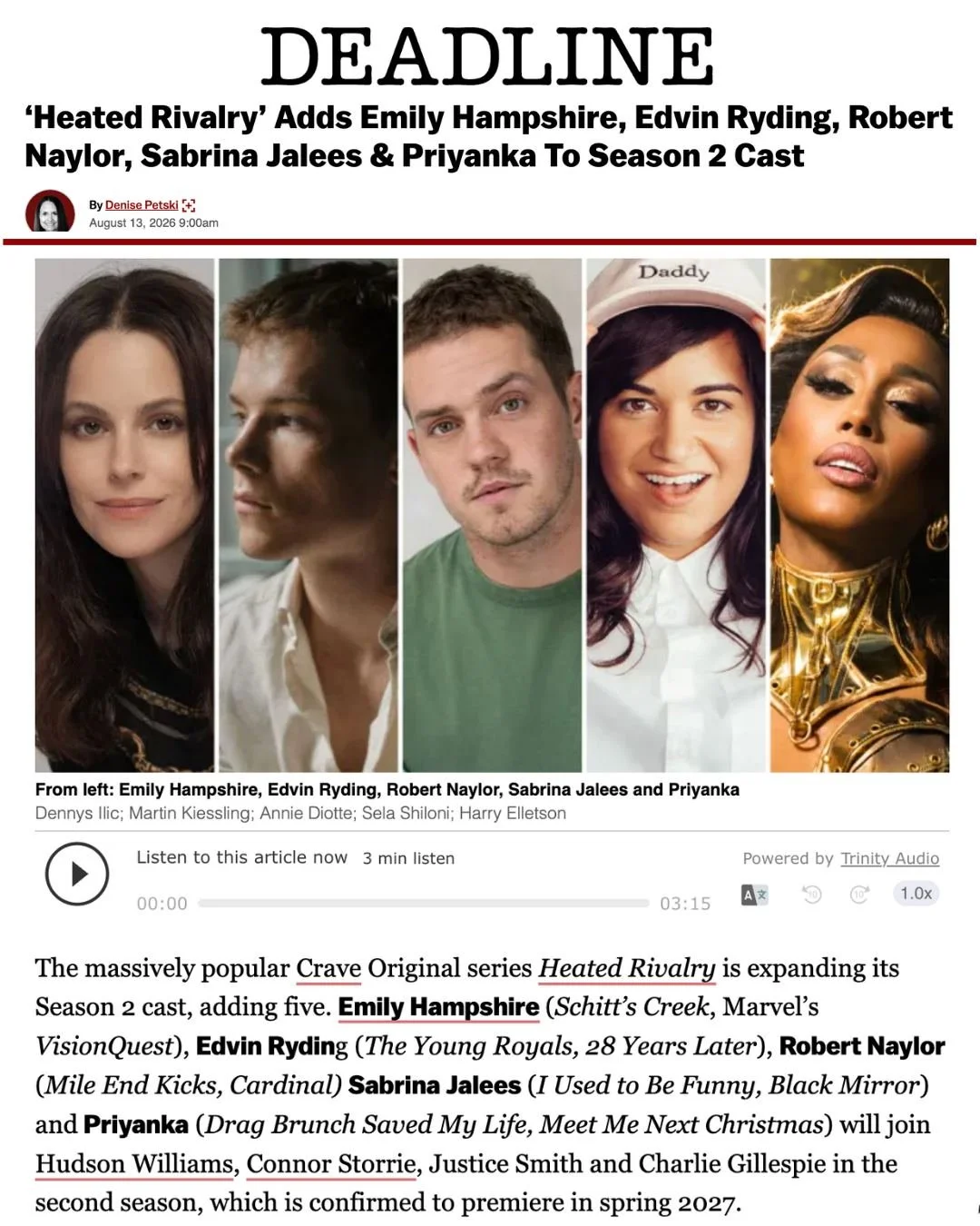 Just Announced on Deadline! 
Congrats to our own Priyanka, who&rsquo;ll be joining the cast of Heated Rivalry S2! We can&rsquo;t wait to see you step into the role of Tarek when the show premieres Apr 2027, Congrats Priyanka!!
