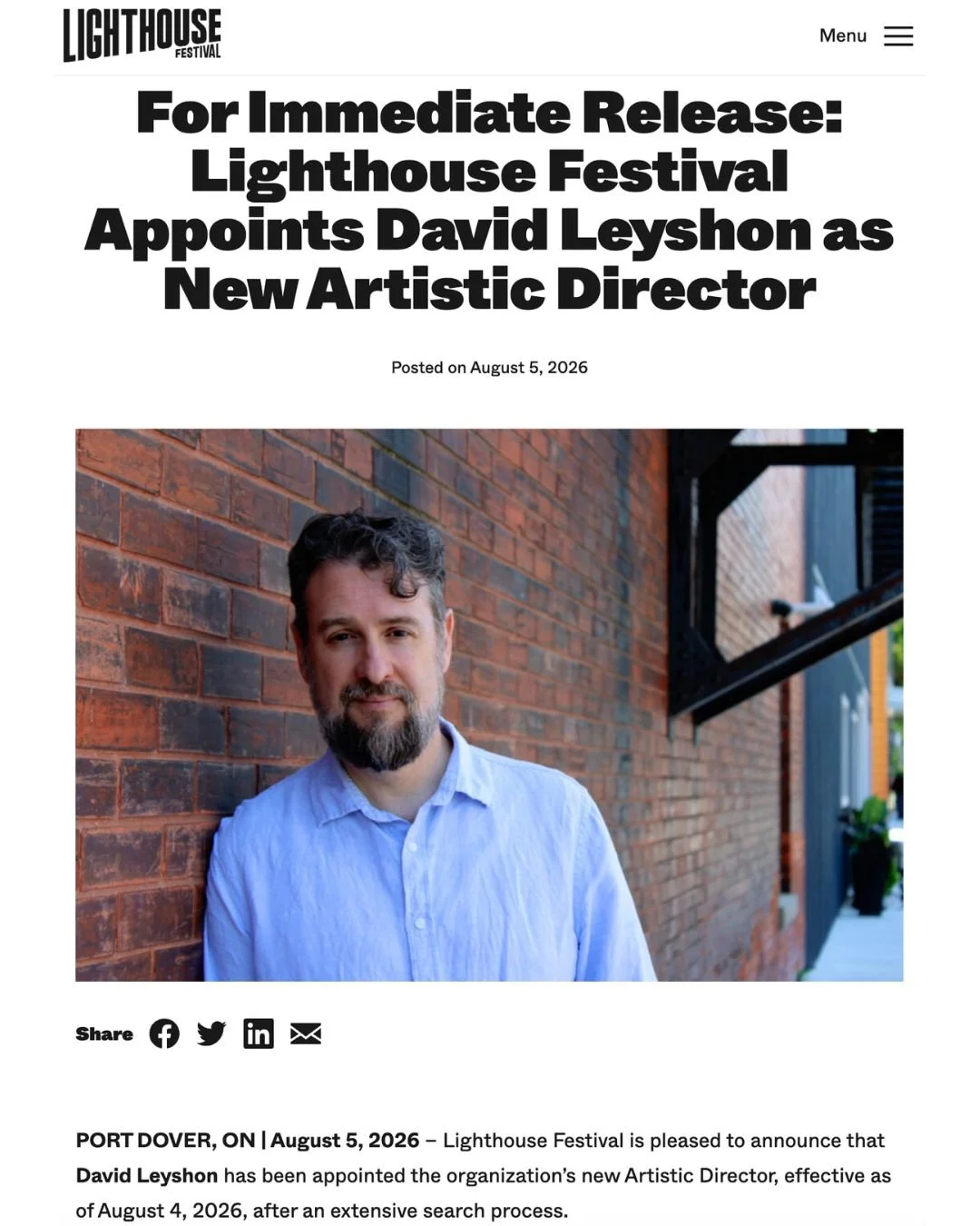 Congratulations to our very own David Leyshon who is stepping into the role of full time Artistic Director at Lighthouse Festival Theatre! David's former title of the Lighthouse Festival Theatre's interim Artistic Producer was announced on January 12