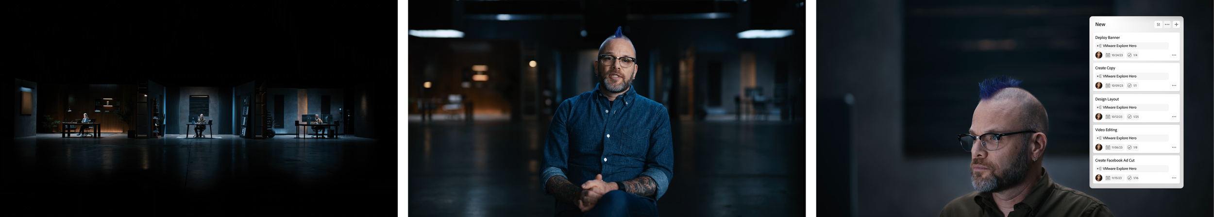 A split-screen image showing a dark room with three people at desks on the left, a man with glasses and a mohawk hairstyle in the middle, and a close-up of the same man with a software interface overlay on the right.
