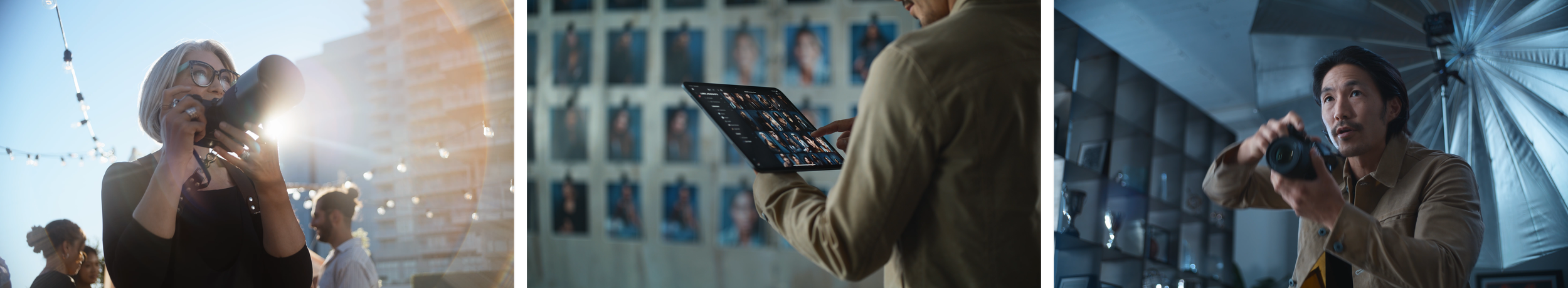 A collage of three photos: a woman taking a photo outdoors with a camera, a man editing photos on a tablet in a studio, and a man holding a camera with an umbrella in a studio setting.