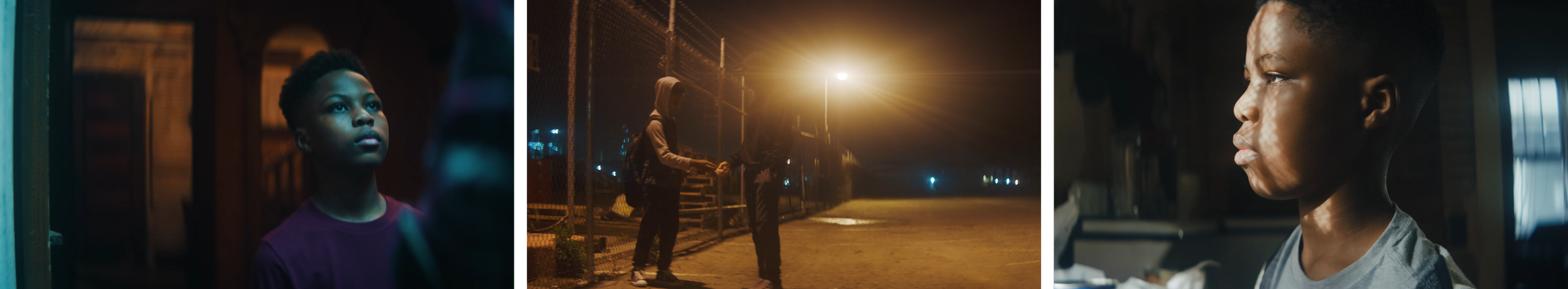 Three photos: a young girl looking serious inside a dimly lit room, two people shaking hands at night outside near a chain-link fence, and a young boy in profile inside a house.