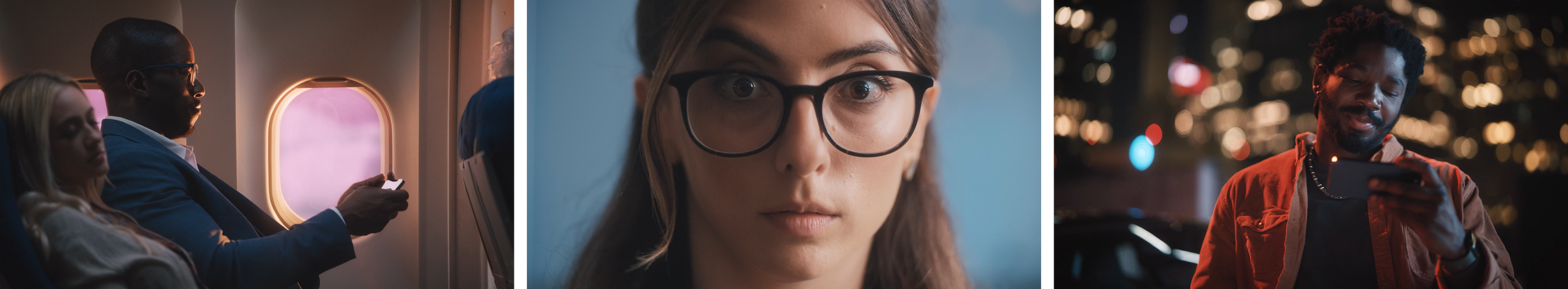 Three separate photos: on an airplane with passengers seated next to the window, a close-up of a woman with glasses looking directly at the camera, and a man looking at his phone at night with city lights in the background.