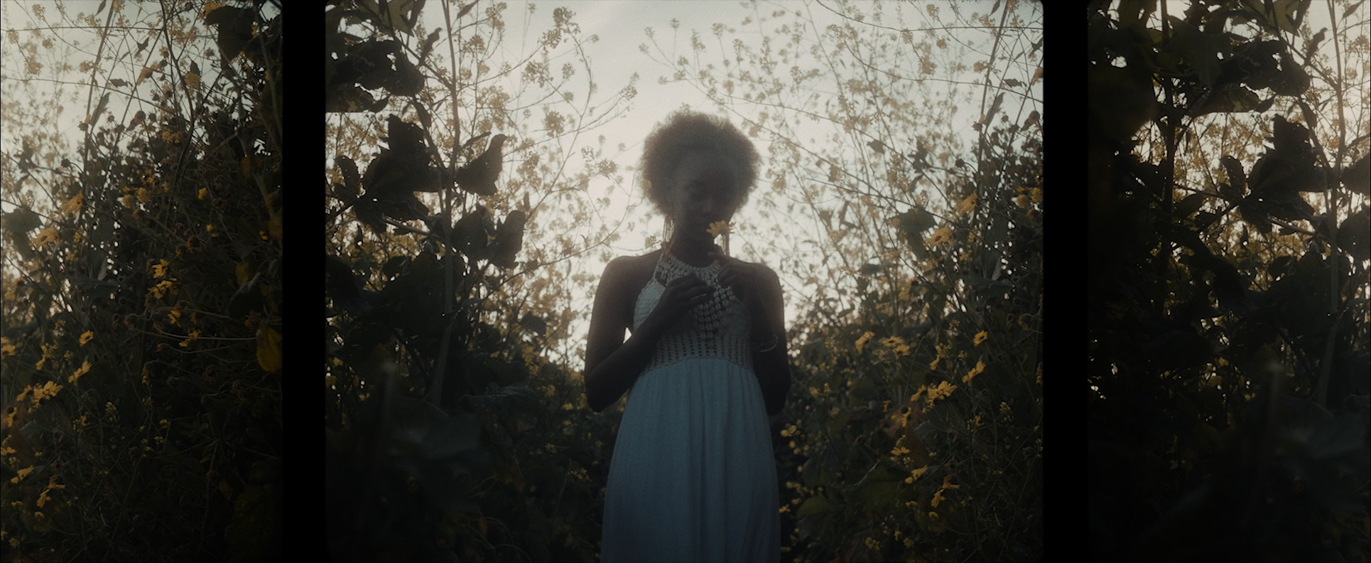 A woman in a white dress with jewelry, standing among dense bushes with yellow flowers, backlit by sunlight, creating a silhouette effect.