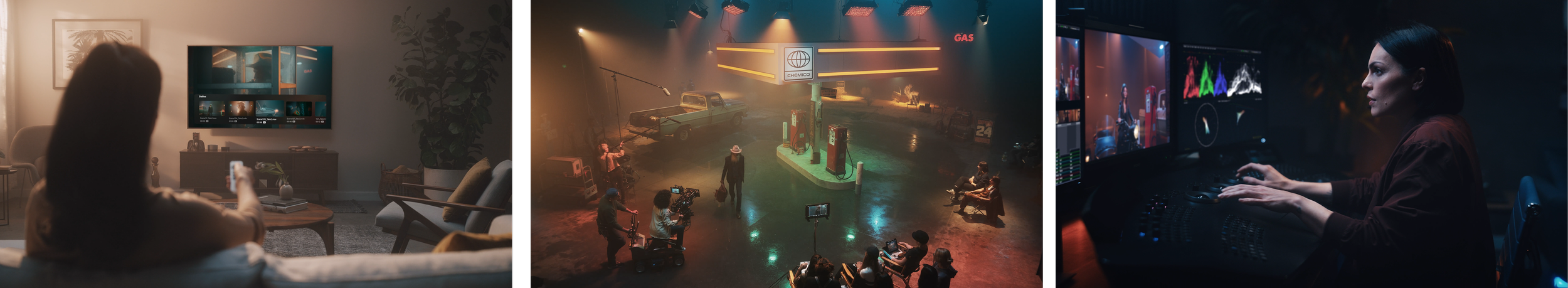 A woman in a living room with a TV, a woman at a gas station set with a vintage car, and a woman operating video editing hardware at a workstation.
