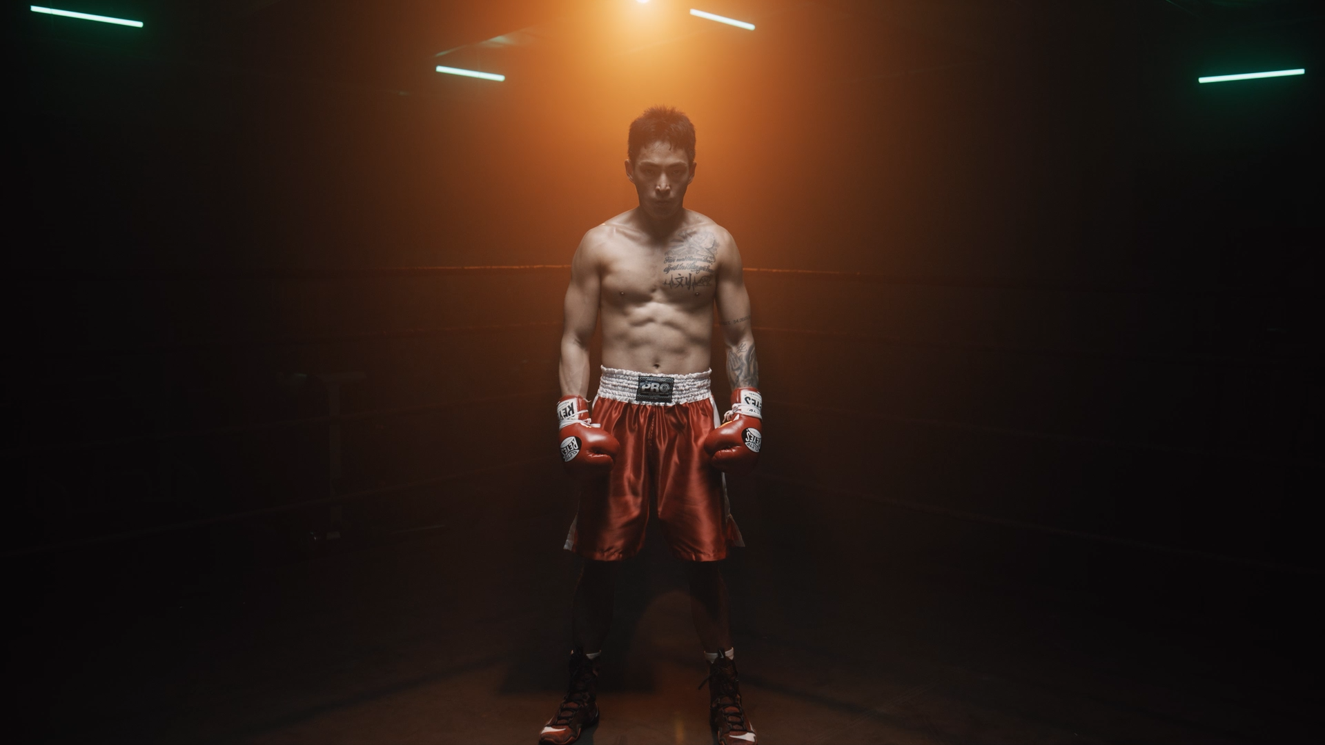 A shirtless male boxer in red shorts and boxing gloves stands in a dimly lit boxing ring with colorful lights and foggy atmosphere.