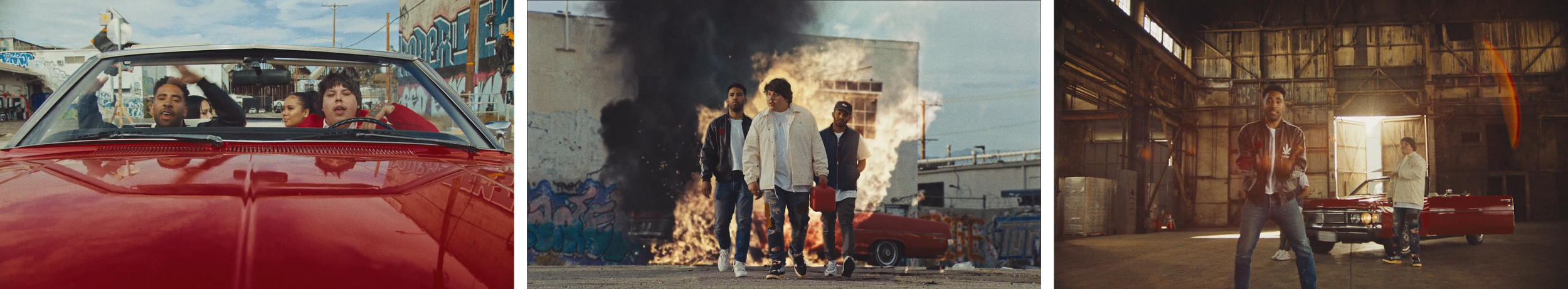 Series of three scenes from an action film: the first shows three people in a red convertible car with a graffiti-covered wall in the background; the second depicts three young men walking away from a burning building with flames and smoke; the third shows two men in an industrial warehouse with warm sunlight, one standing confidently in front of the car and another woman standing by the open car door.