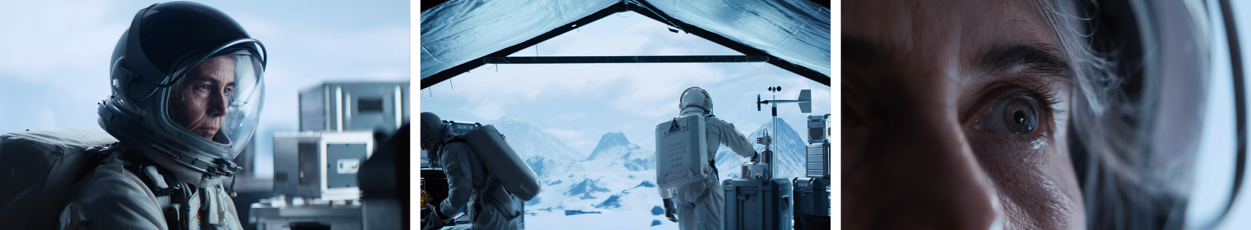A collage of three images showing astronauts in a cold, mountainous environment. The first image shows a woman astronaut in a helmet, the second depicts two astronauts working in a tent with snow and mountains outside, and the third is a close-up of a woman's eye.
