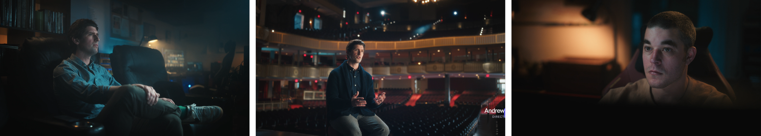 Three scenes of a young man talking or thinking in different settings: inside a dimly lit room with computers, in the theater auditorium, and in a studio or control room