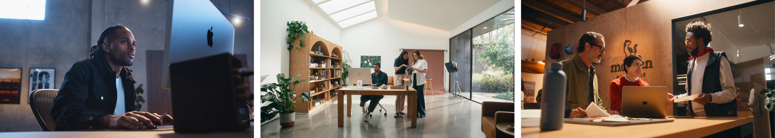 A collage of three images showing different work environments. The first image features a man working on an iMac computer in a modern office. The second image shows a bright, minimalist office with three people working and discussing, surrounded by plants and natural light. The third image depicts two men and a woman in a discussion at a reception or collaborative space, with one man seated at a desk with an open laptop and documents.