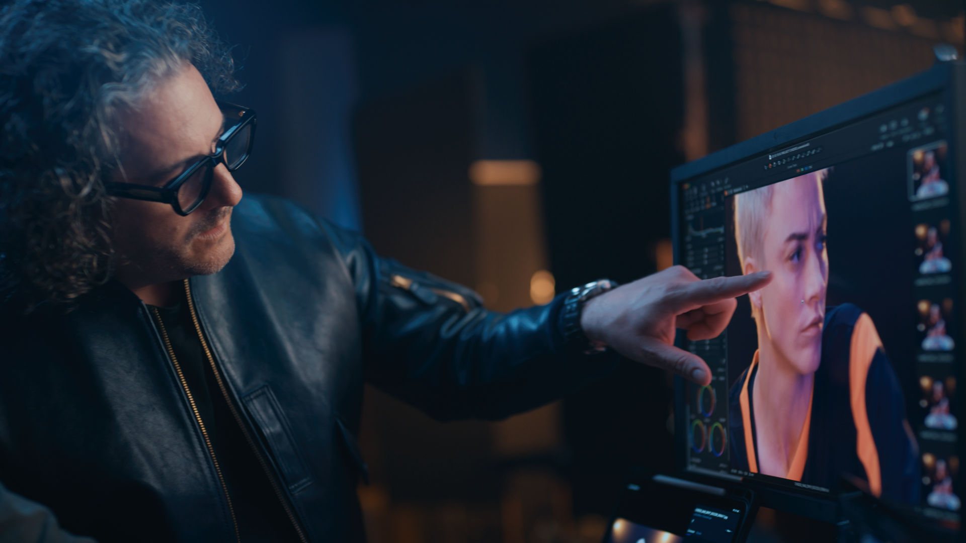 A man with curly gray hair, glasses, and wearing a black leather jacket is working on photo editing on a computer. The screen displays a portrait of a woman with short blonde hair. He is pointing at the monitor.