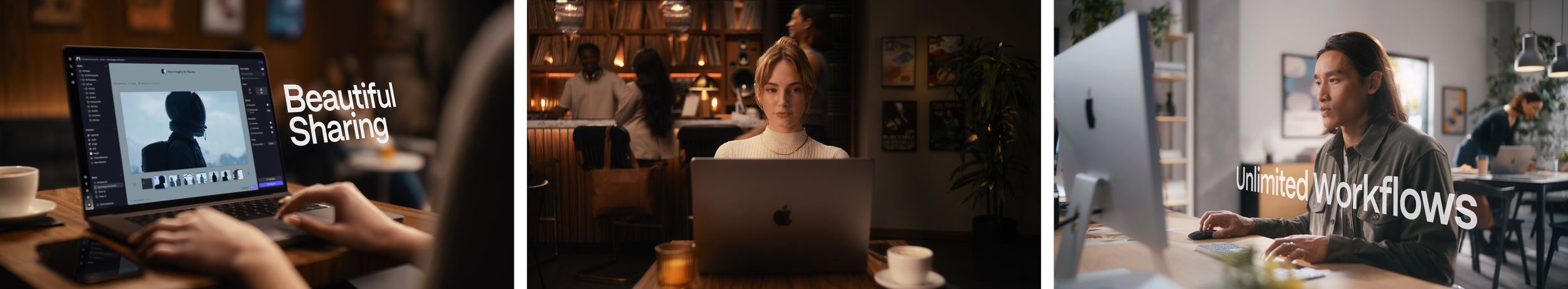 A collage of three photos showing people working on their computers in different settings, with text overlay that reads 'Beautiful Sharing' on the first photo and 'Unlimited Workflows' on the third photo.