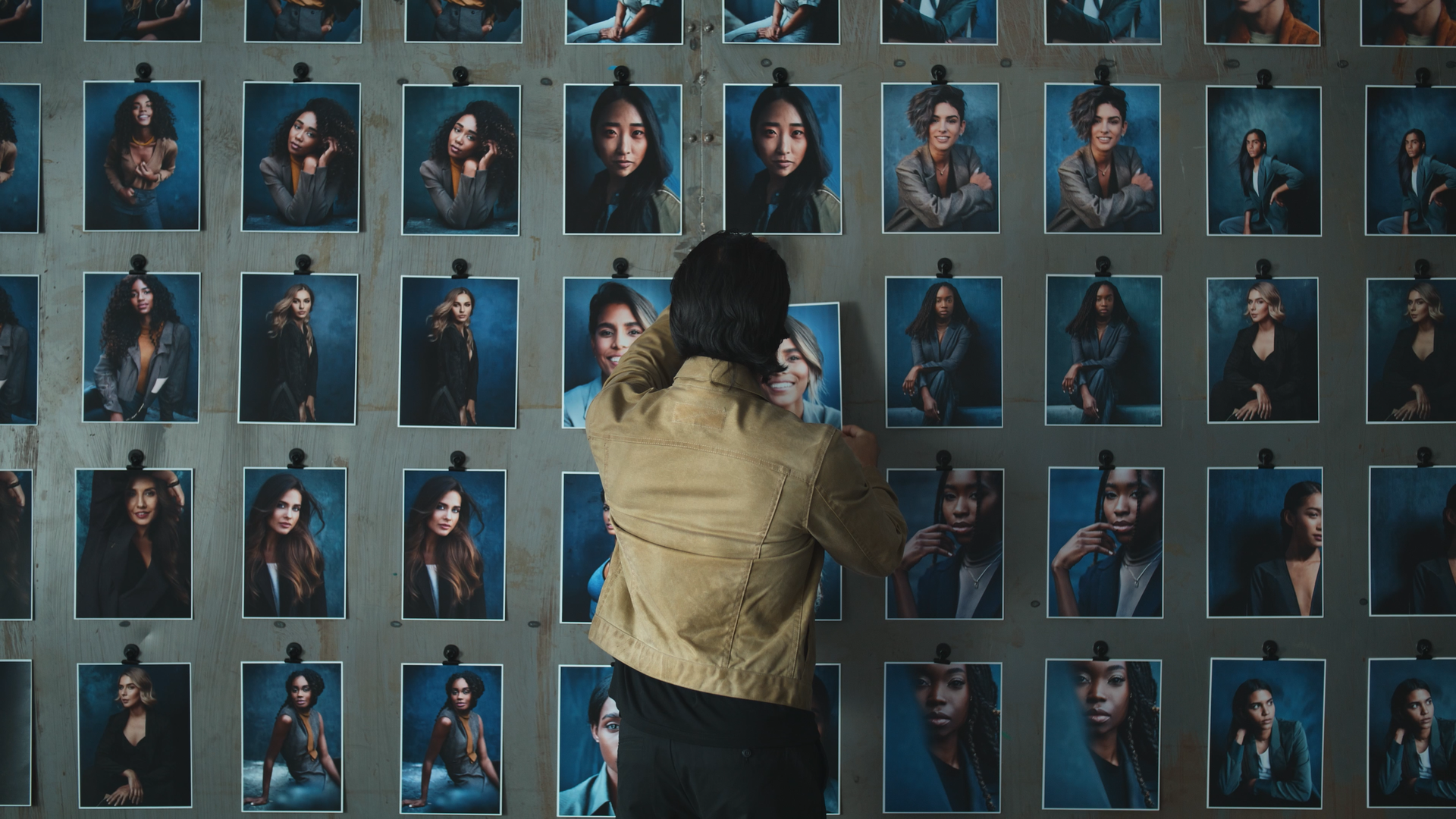 A person with dark hair wearing a tan jacket looking at a wall covered with numerous printed portrait photos of various women, arranged in a grid pattern.