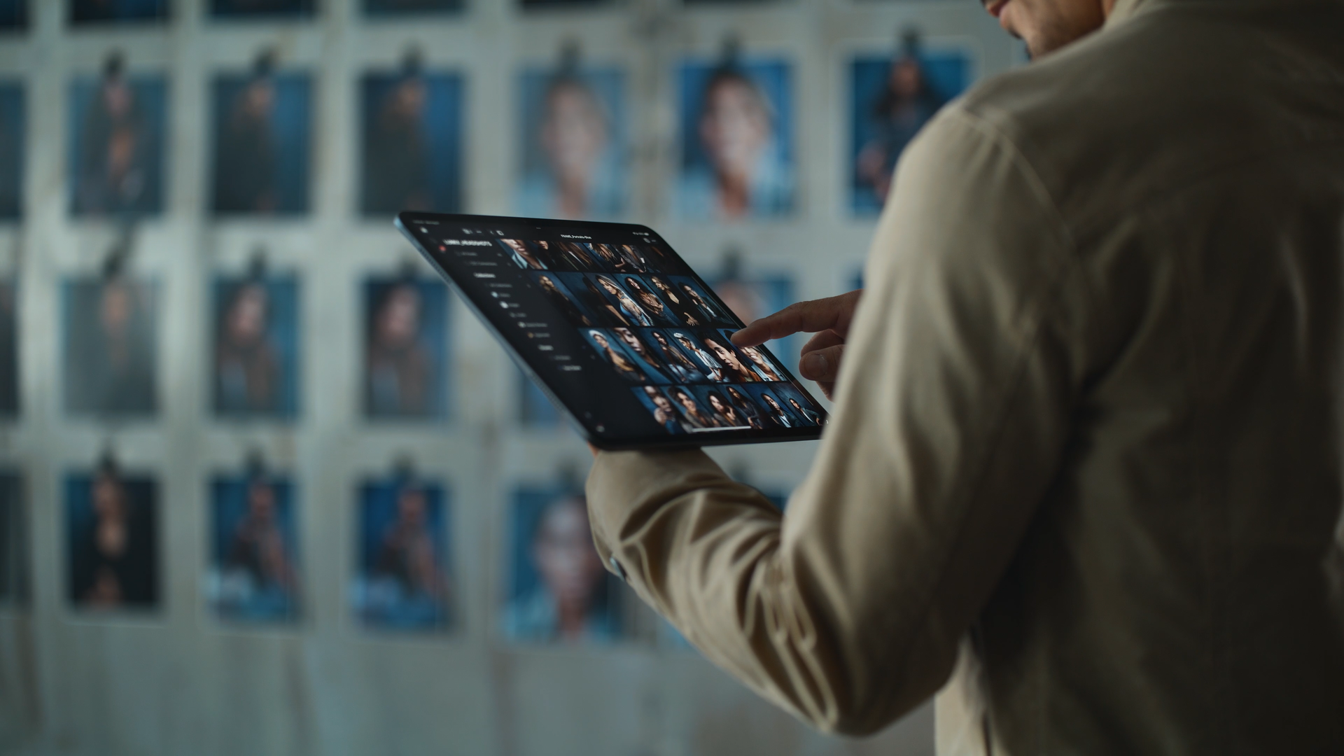 Person in beige jacket browsing photos on a tablet, standing in front of a wall with displayed photographs.