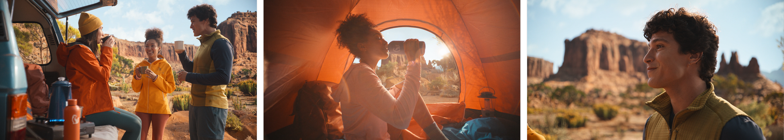 A group of three people on a camping trip in a desert landscape, with rock formations in the background. They are near a camper van, wearing outdoor gear and enjoying hot drinks. One person is inside an orange tent, drinking from a mug, with sunlight streaming through the tent opening. A young woman is wearing a yellow jacket and a beanie, another person is in a yellow vest, and a young man is wearing a navy shirt. The atmosphere is sunny and clear.