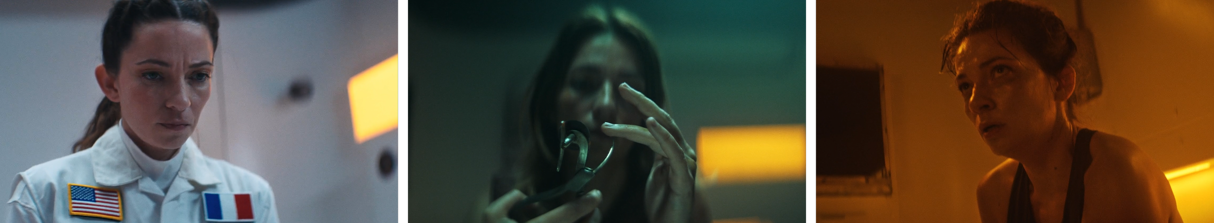 Three women in different settings: one in a navy blue and white uniform with an American and French flag patch, one in a dark room looking at her phone with rings on her fingers, and one in a dimly lit room with short hair, wearing a tank top, appearing distressed.