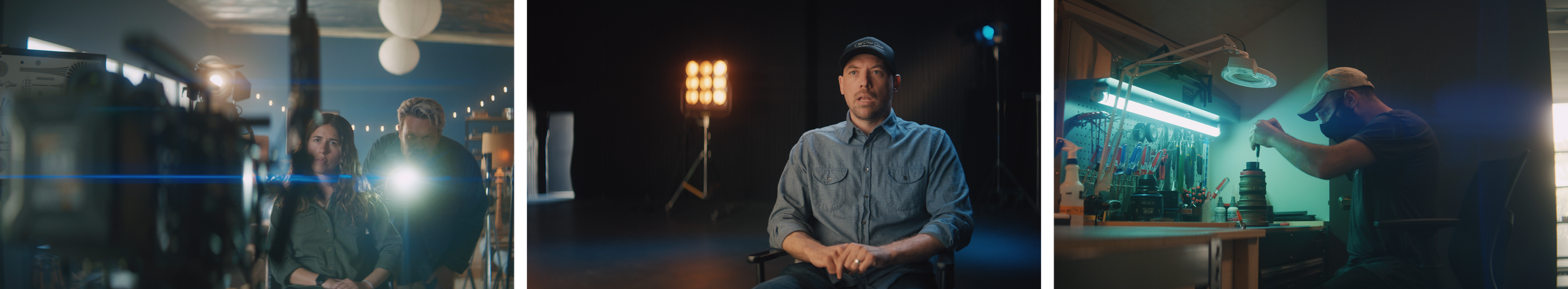 A collage of three scenes: the first shows a photo shoot with two people behind a camera, the second shows a man in a studio lit by stage lights, and the third shows a person working at a workshop with tools on the wall.