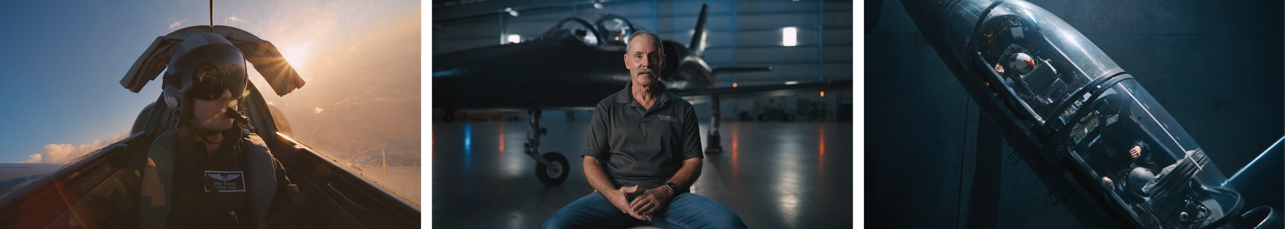 A collage of three images: the first shows a pilot in a fighter jet cockpit during flight, the second features an older man sitting in an aviation hangar with a fighter jet in the background, and the third depicts a fighter jet parked indoors with a pilot visible through the canopy.