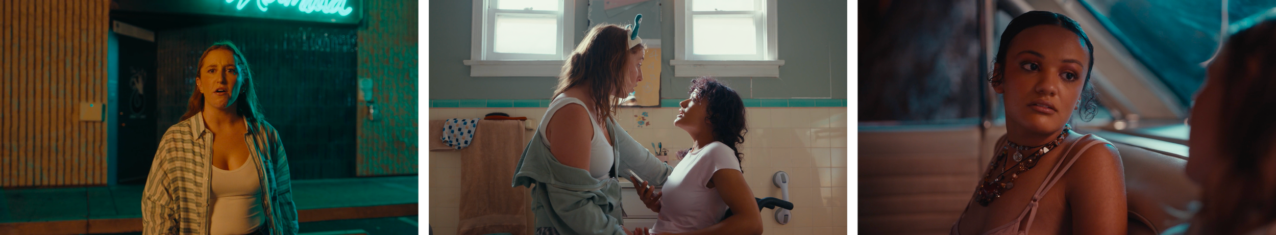 Three separate scenes with women: one appears distressed in a nightclub, another shows two women having an intense conversation in a bathroom, and the third features a woman looking thoughtfully at someone.