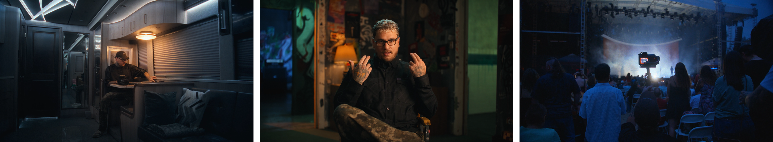 A collage of three scenes: a man sitting alone inside a dark bus or train, a man with tattoos in a dimly lit room making a gesture with his hands, and an outdoor concert or festival with a stage, audience, and bright lights.