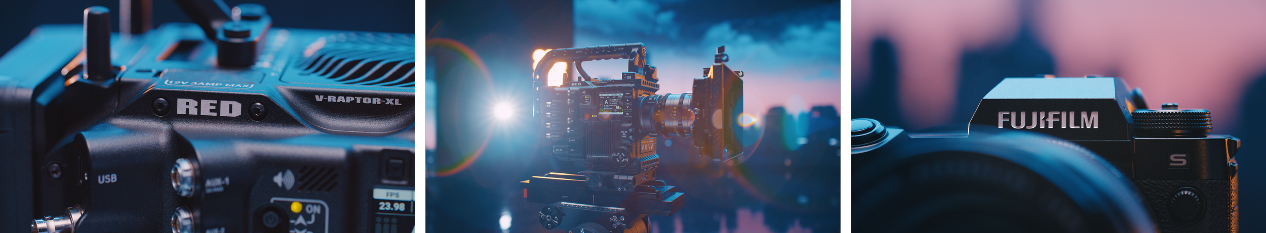 Close-up of camera and filming equipment including a RED camera, a FujiFilm camera, and drone gear on a tripod, set against a background of a sunset or sunrise with clouds and city skyline.