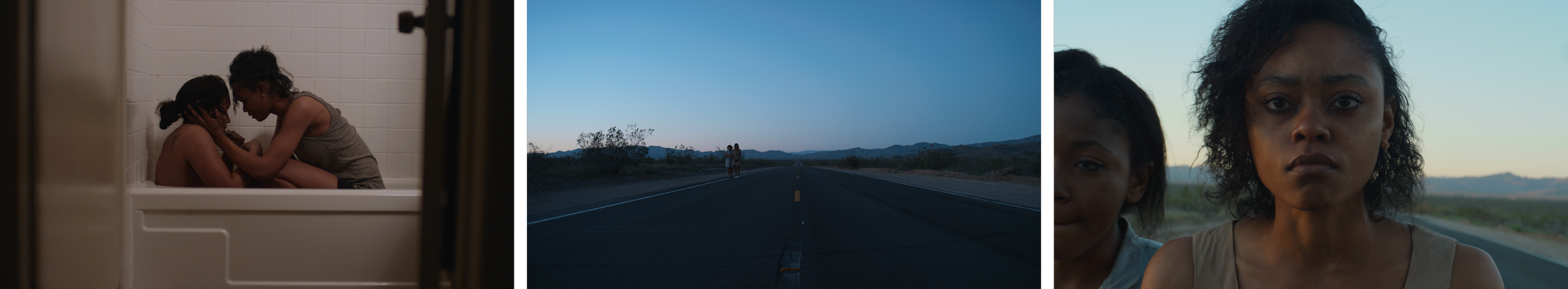 Three-part collage: Left shows two children in a bathtub, one comforting the other; center depicts a deserted road in a desert landscape at dusk with two people standing in the distance; right features a close-up of a young woman with curly hair and a serious expression, with another person partially visible beside her.
