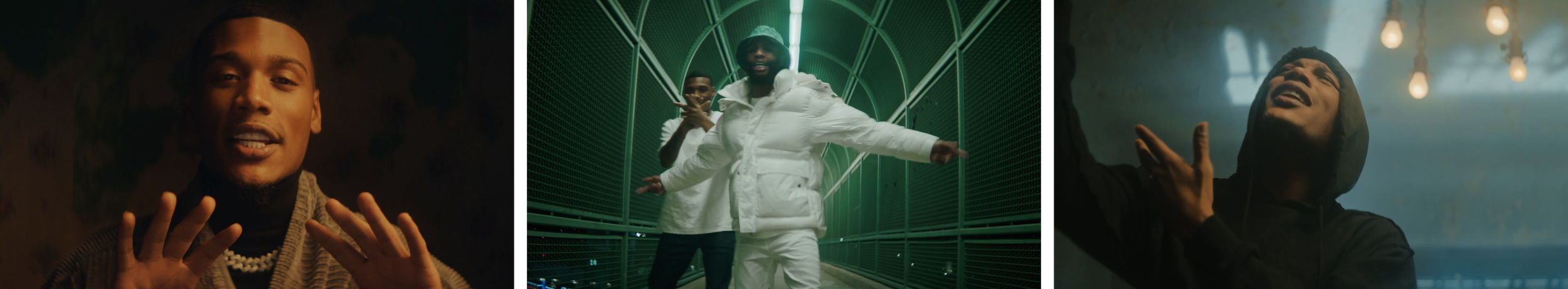 Three men in different settings: the first man is speaking or singing with hands raised, the second man wearing a white jacket and hat dancing or posing on a bridge, the third man in a black hoodie, seemingly singing or expressing emotion in a foggy or dimly lit environment.