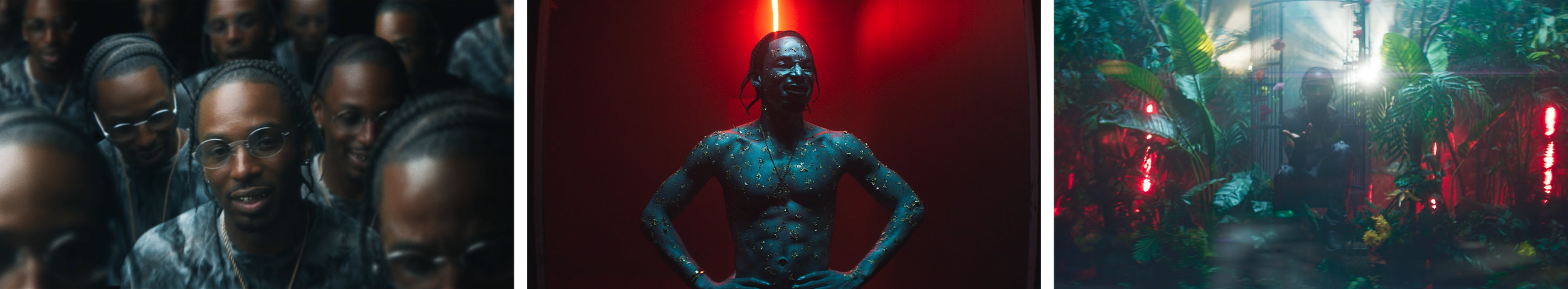 A collage of three images featuring people. The first shows a group of people with braided hair and glasses smiling together. The second shows a shirtless person with dreadlocks and glitter on their skin, standing with hands on hips against a red background. The third depicts a person in a garden or jungle with dense green foliage and red lighting.