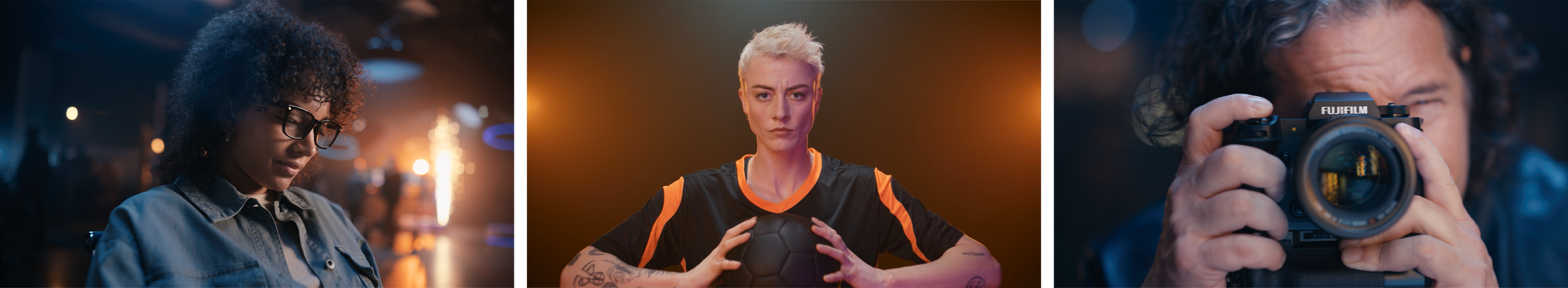 Three women in different settings. The first woman has curly hair and glasses, looking down in a dimly lit environment. The second woman has short bleached hair, holding a basketball, with a serious expression. The third woman has curly hair, holding a camera up to her face, ready to take a photograph.