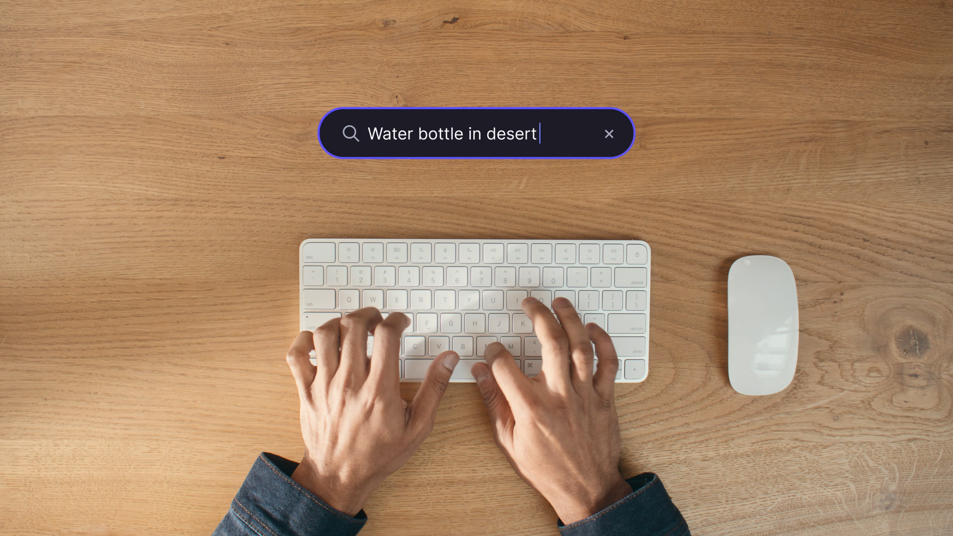 Person typing on a white keyboard at a wooden desk with a wireless mouse and a search bar with the text 'Water bottle in desert'.