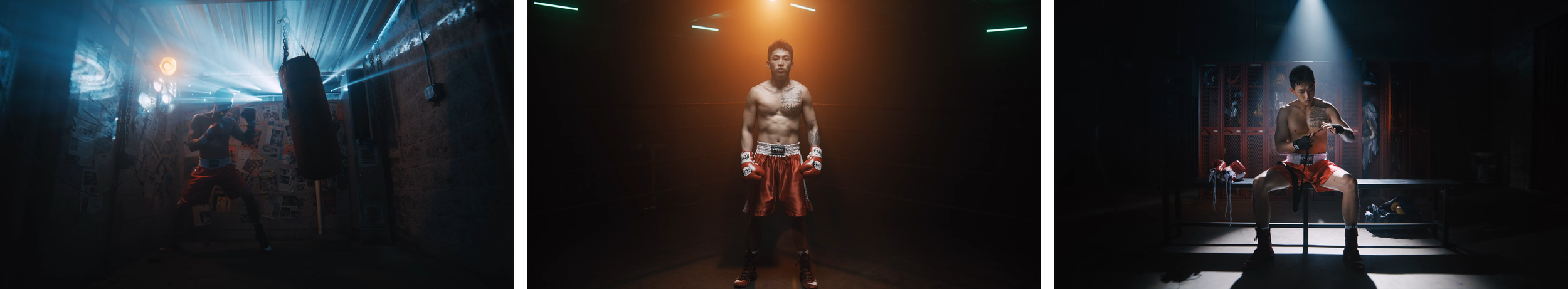 Three images of a boxer in a gym with dim lighting. The first shows the boxer jumping rope, the second is a full-body portrait with arms crossed, and the third shows him sitting on a bench, looking at his phone.