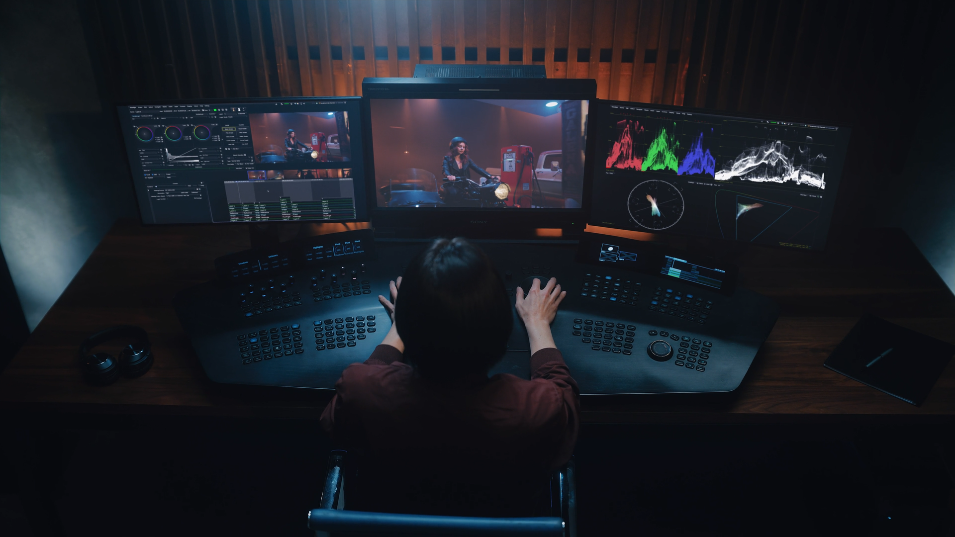 A person sitting at a control desk with three computer monitors displaying video editing software, color grading tools, and a scene of a woman riding a motorcycle at a gas station.
