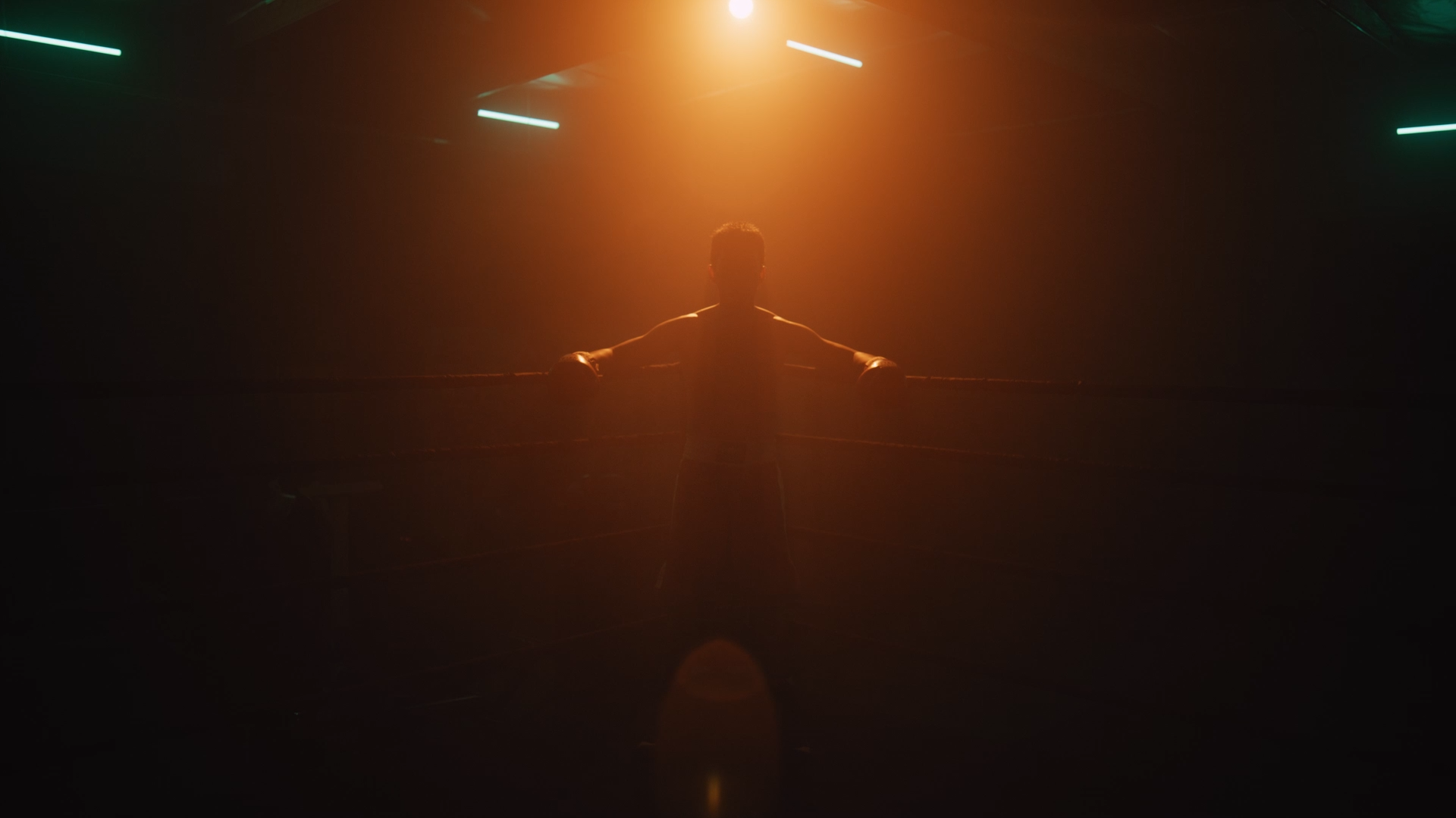 A silhouetted person in a boxing ring, with arms outstretched holding boxing gloves, illuminated by warm, orange stage lighting.