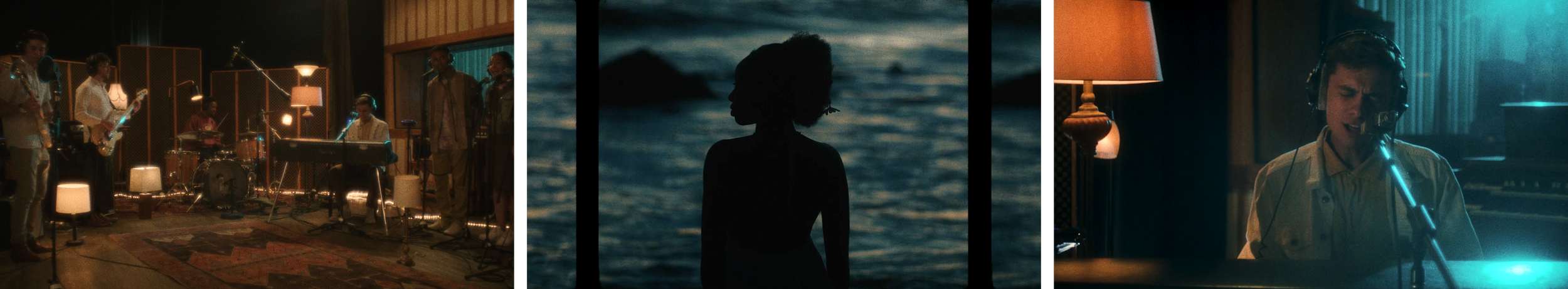 A band performs in a recording studio on the left, featuring musicians with instruments, surrounded by lamps. In the middle, a silhouette of a woman with curly hair stands by the water at sunset. On the right, a man wearing headphones sings into a microphone in a dimly lit room.